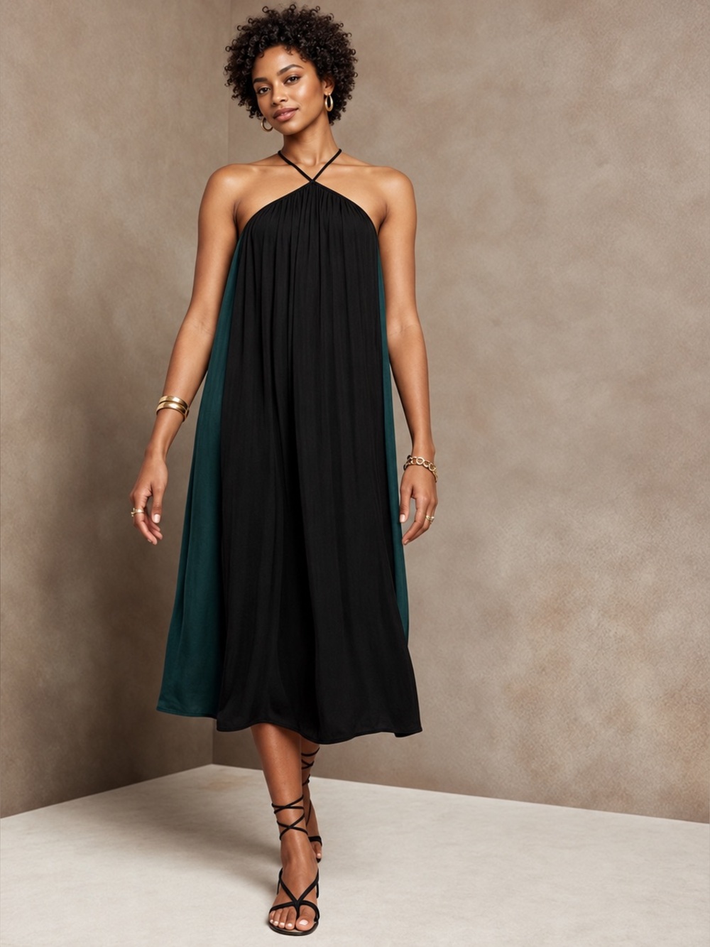 Banana Republic Black and Teal Halter Midi Dress